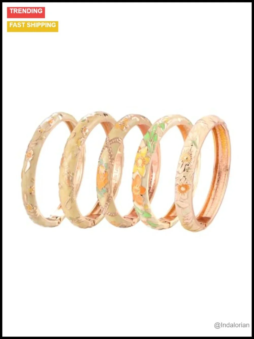 Enamel Bangle Bracelets Set of 5 Rose Floral Engraved Cloisonne Gold Plated